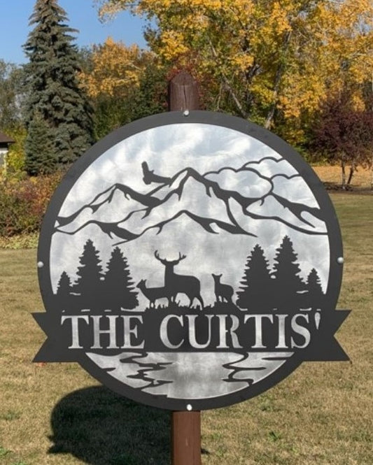 Personalized Sign with Lawn Chairs, Fire Pit and Mountain Design