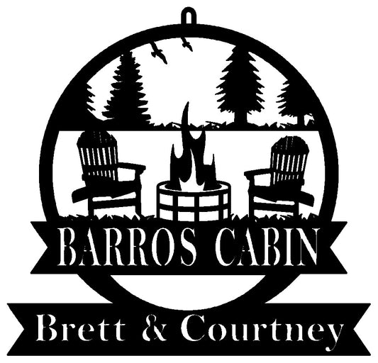 Personalized Sign with Fire Pit Design, 2 Name Banners