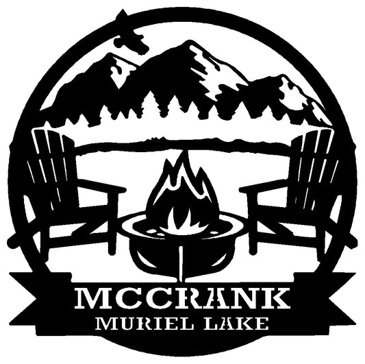 Personalized Sign with Lawn Chairs, Fire Pit and Mountain Design